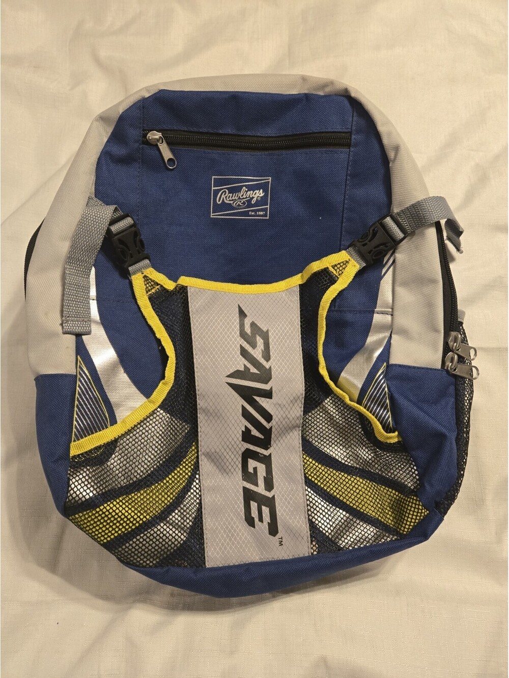 Rawlings Savage Blue Yellow White Baseball Backpack SZ M 16" 2 Side Bat Sleeves